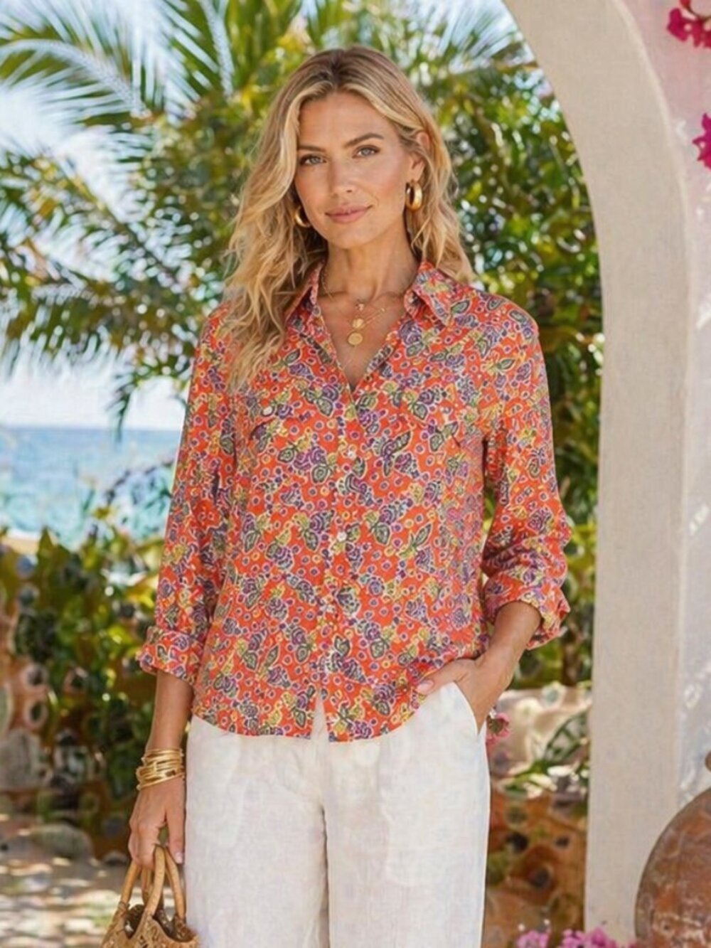 Lauren Ralph Lauren Button Up Blouse L Orange Paisley Floral 70s Resort Chic